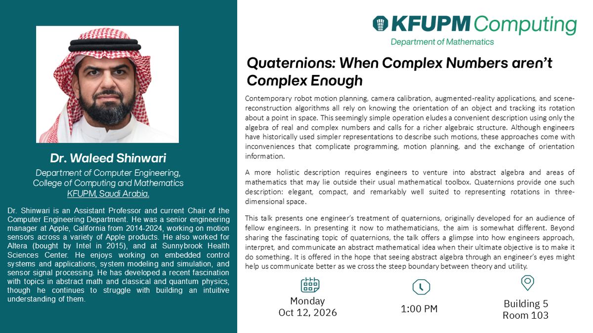 Seminar: Quaternions: When Complex Numbers aren’t Complex Enough