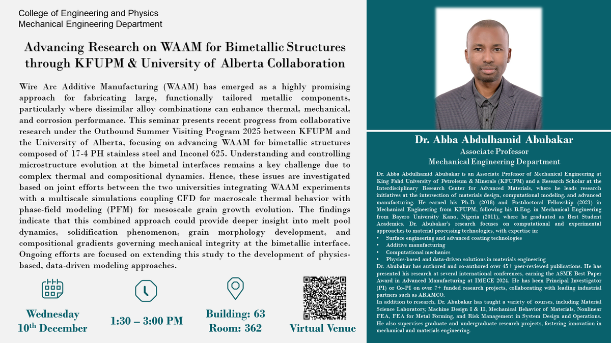 Seminar: WAAM Bimetallic Structures via KFUPM–UofA Collaboration
