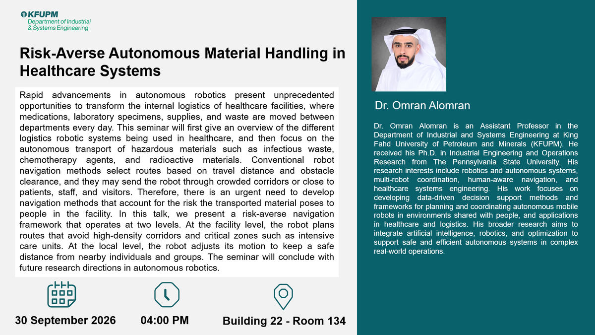 Seminar: Risk-Averse Autonomous Material Handling in Healthcare