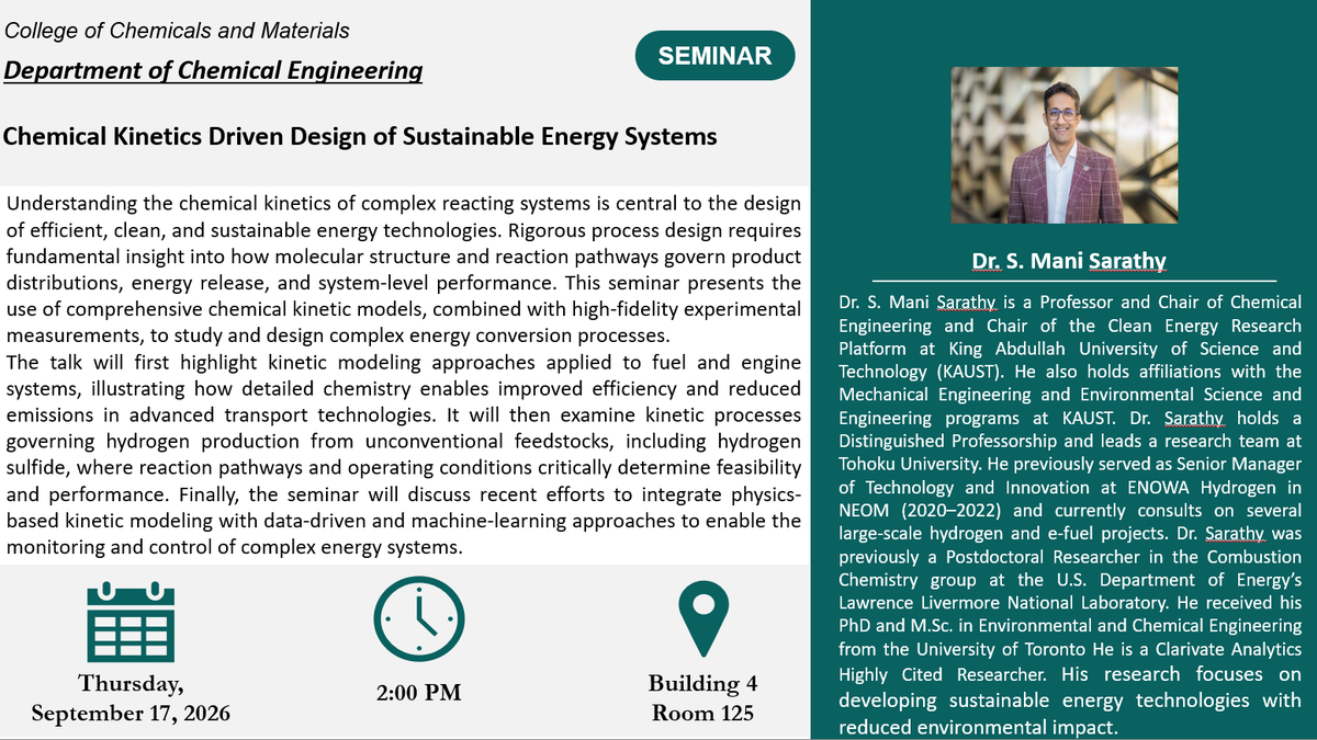 Seminar: Chemical Kinetics Driven Design of Sustainable Energy Systems