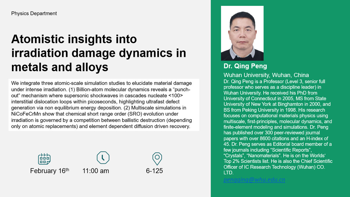 Seminar on Atomistic insights into irradiation damage dynamics